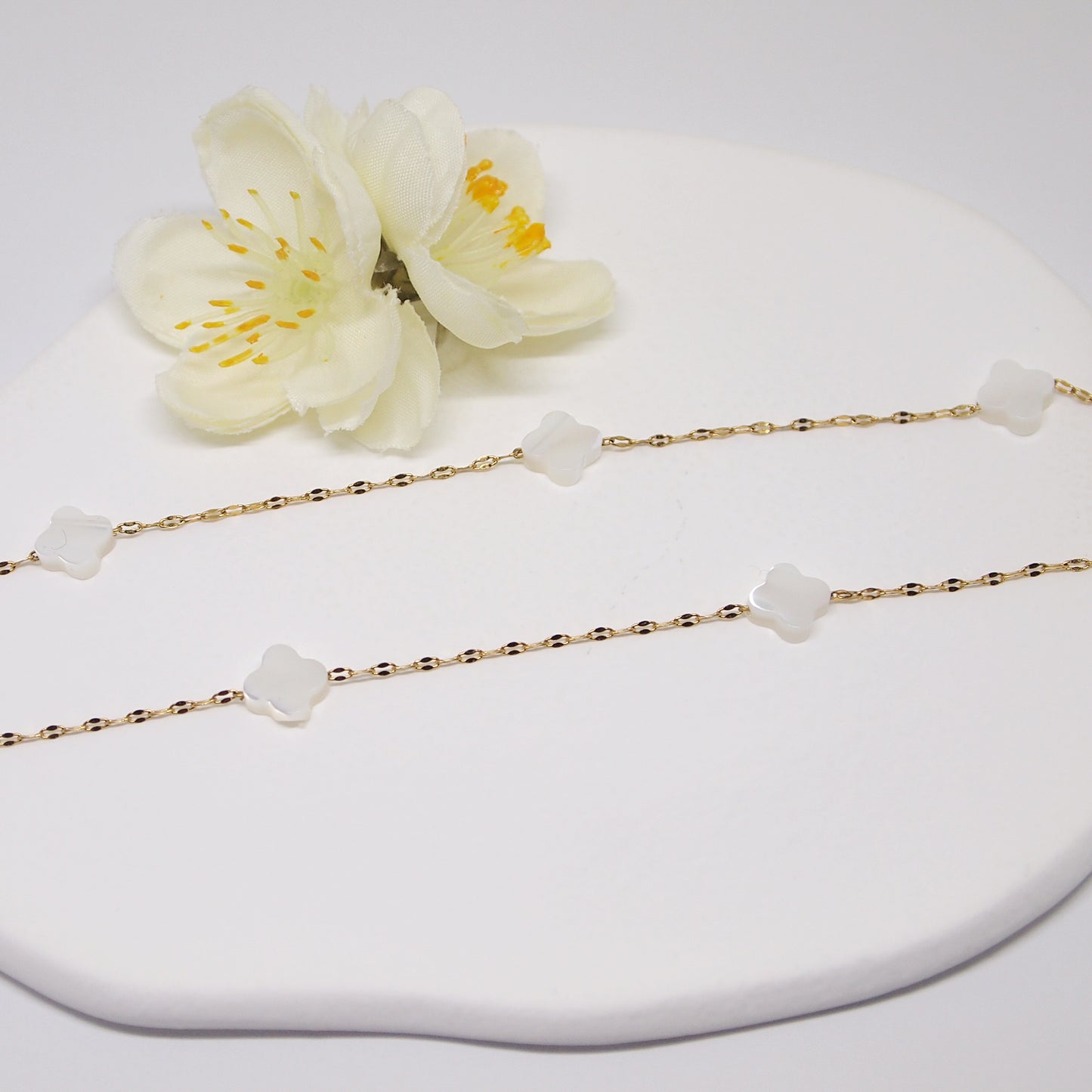 delicate mother of pearl four leaf clover choker, layering necklace