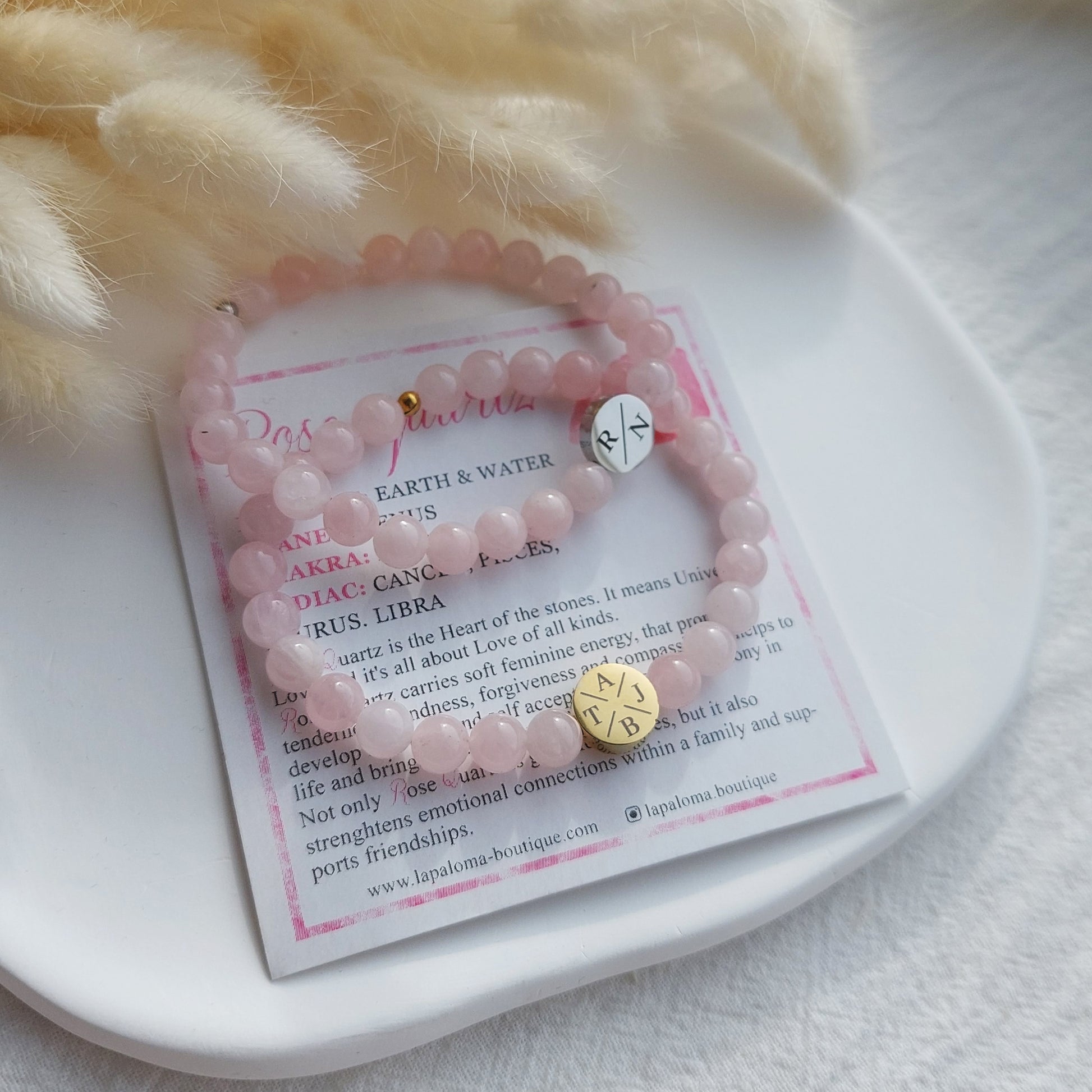 custom engraved rose quartz bracelet for mom, personalized with kids initials