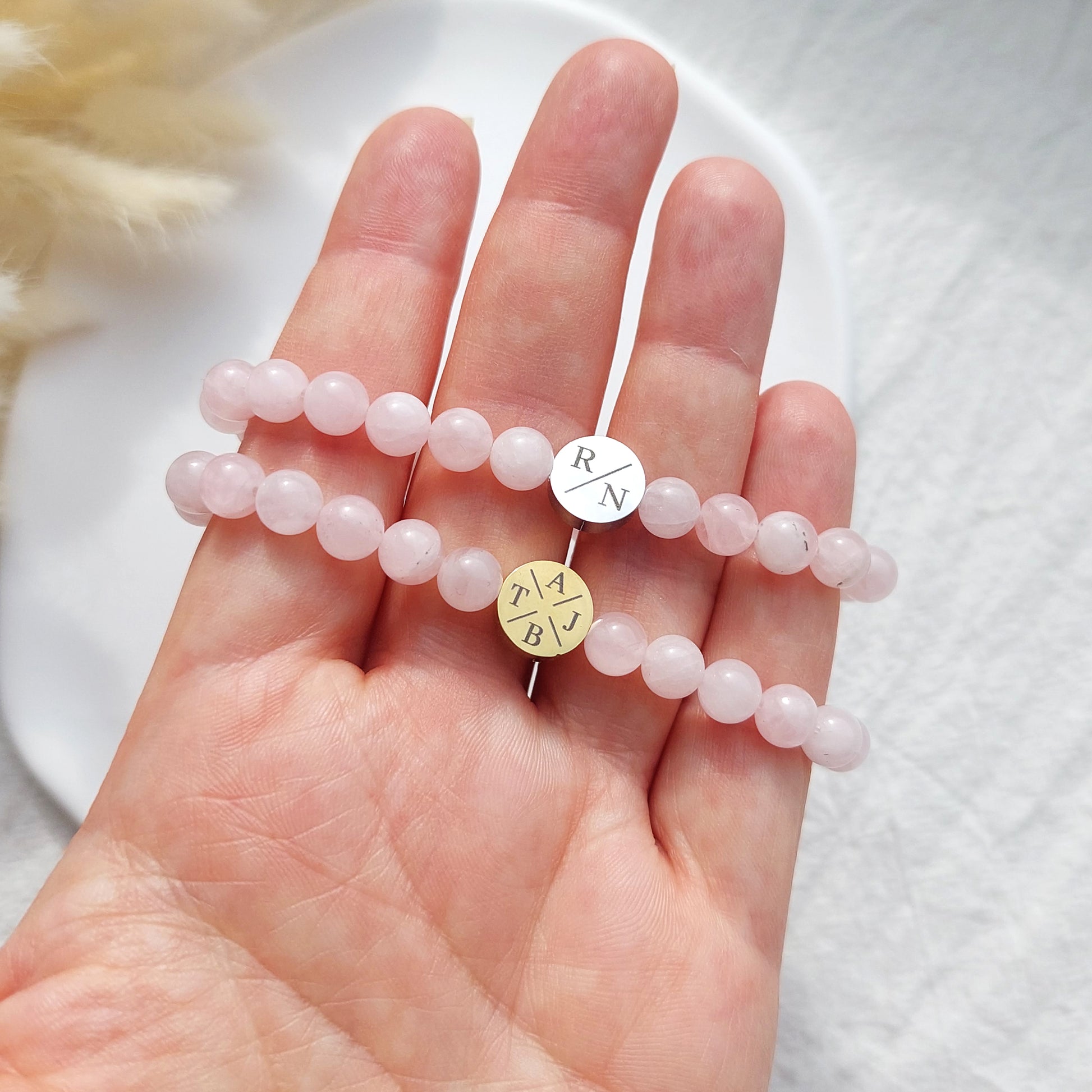 rose quartz woman bracelet with custom engraving