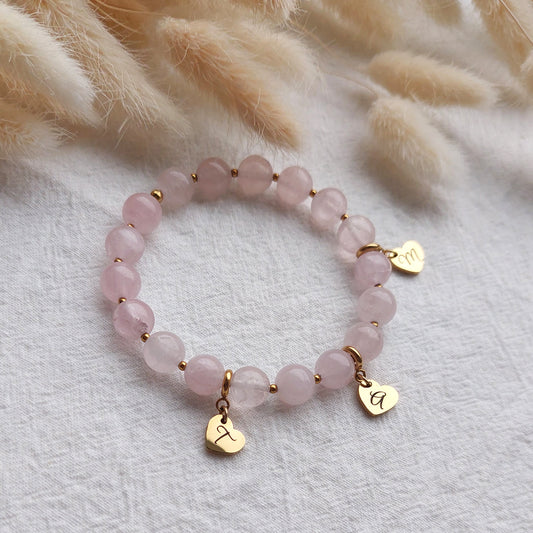 natural rose quartz bracelet with custom engraved initials charms, personalized stretch bracelet, gift for mom or grandmother