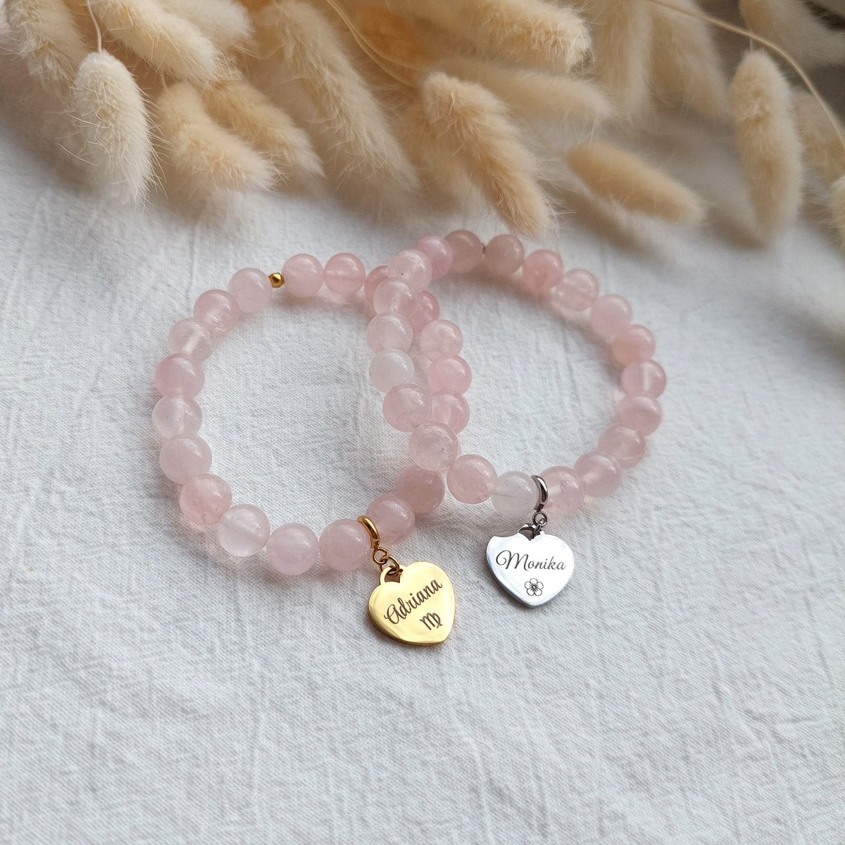 natural rose quartz bracelet with detachable name charm, custom engraved gift