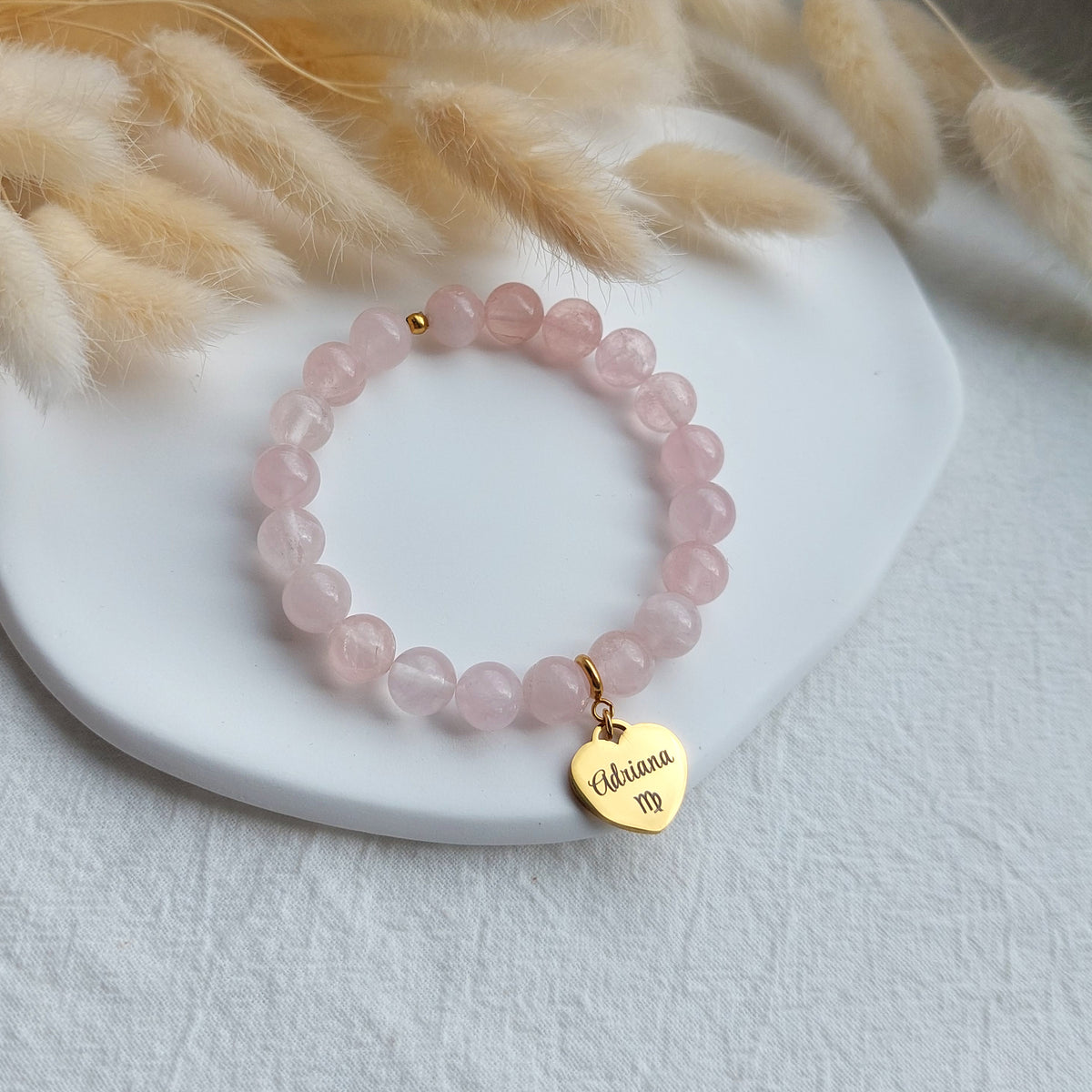 natural rose quartz bracelet with personalized heart shaped charm, custom jewelry gifts