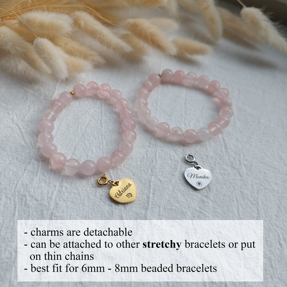 rose quartz bracelet on stretchy cord with custom engraved heart shaped charm