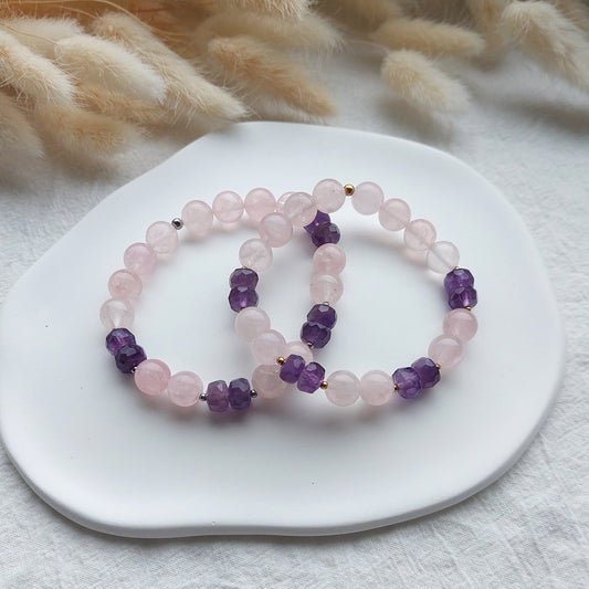 rose quartz and amethyst  stretch bracelet, natural gemstones jewelry, gift for gemstone lover