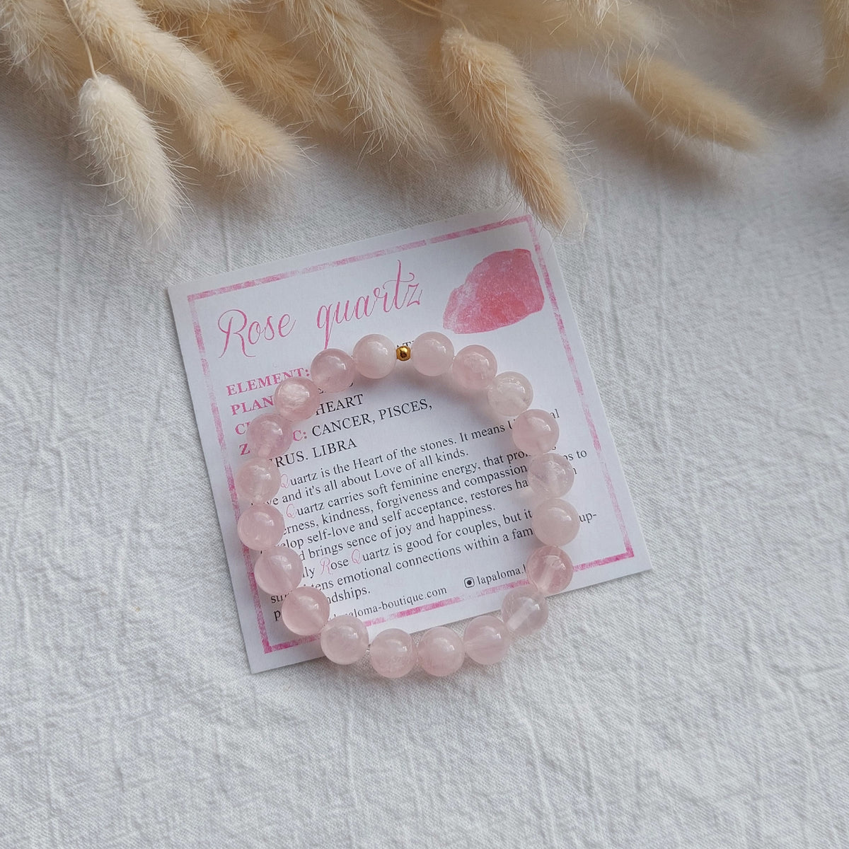 beaded natural rose quartz bracelet on stretch cord, comes with gemstone information card, 8mm rose quartz beads