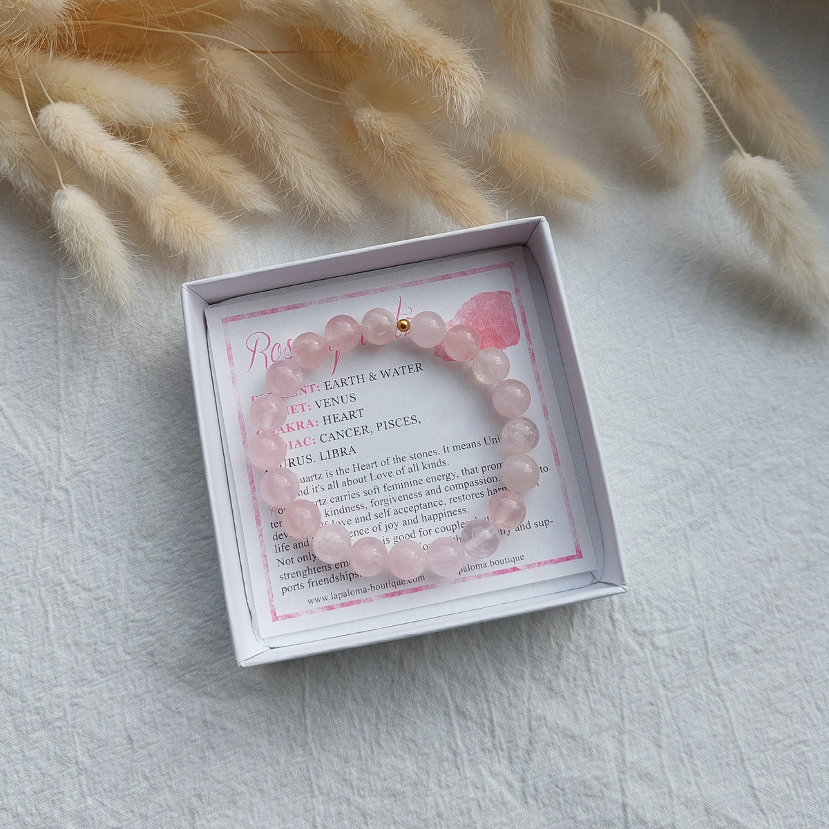 beaded natural rose quartz bracelet on stretch cord, 8mm rose quartz beads, comes with gemstone information card and in gift box
