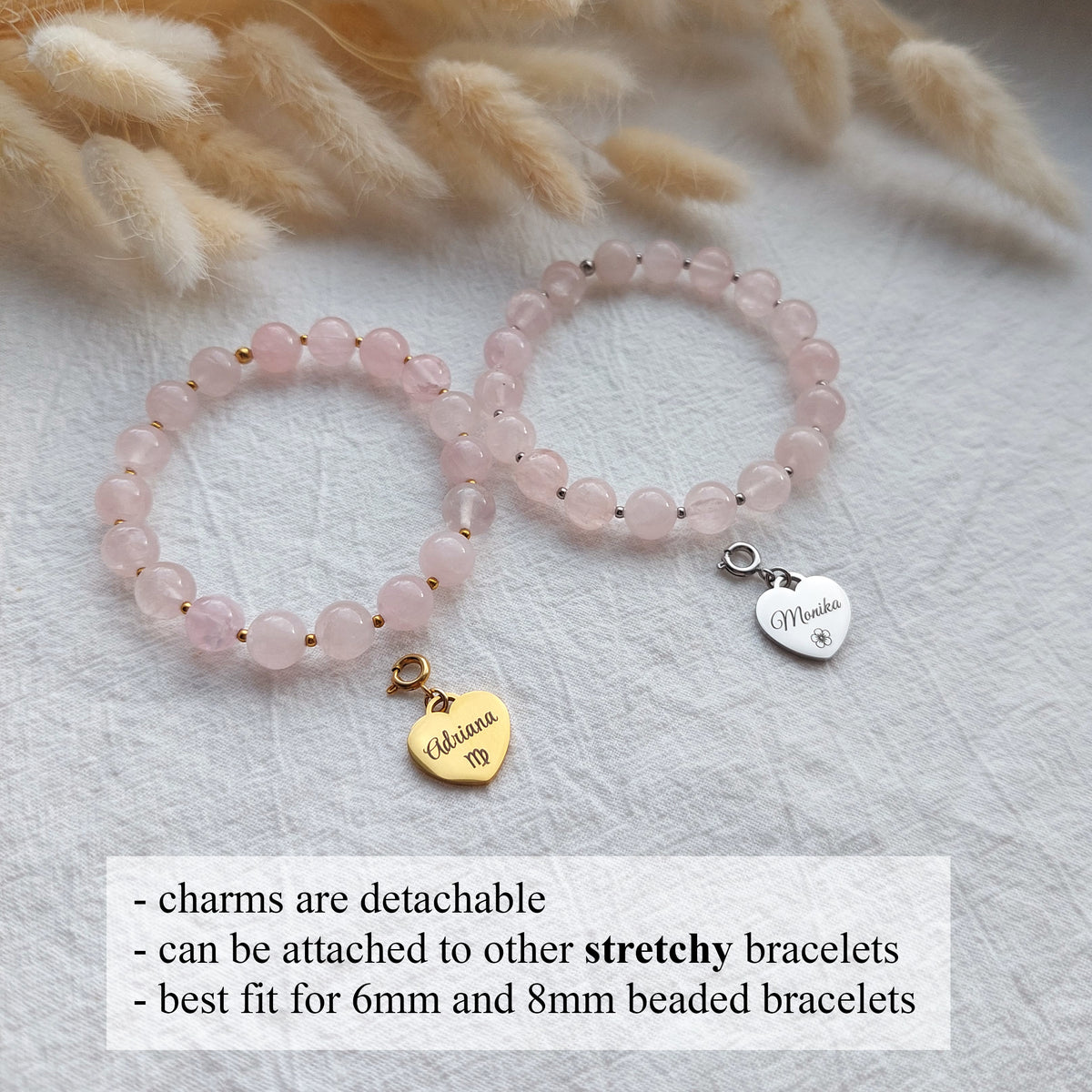 natural rose quartz beaded stretchy bracelet with detachable custom engraved heart charm, personalized jewelry gifts
