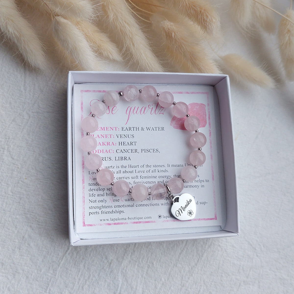 stretch natural rose quartz bracelet with custom name charm, engraved charm is detachable