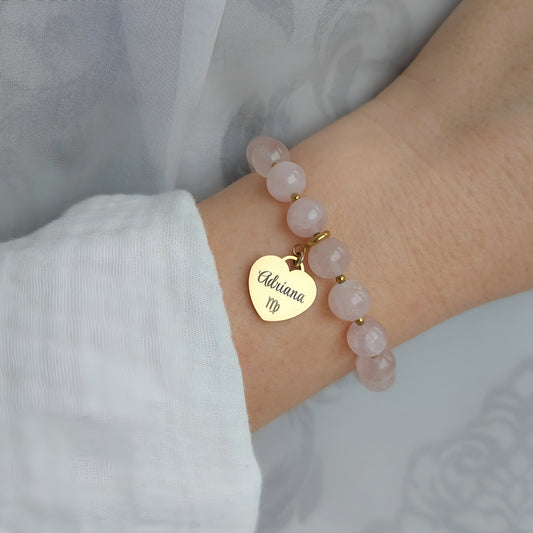 natural rose quartz bracelet with custom engraved heart charm, personalized name bracelet on stretch cord