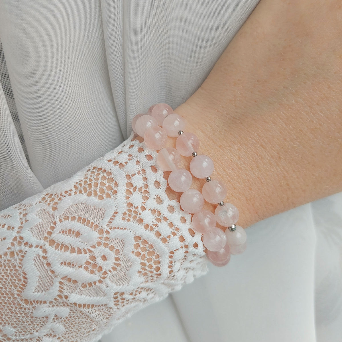 beaded natural rose quartz bracelet on stretch cord, bracelets come in different sizes and with gemstone information card