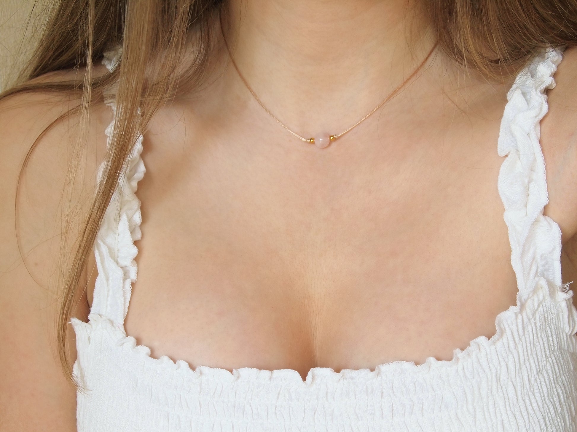 rose quartz necklace on cord, boho style jewelry