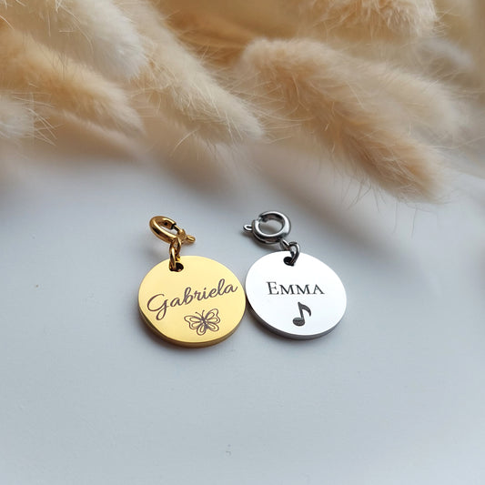 stainless steel custom engraved round charm with name and symbol, detachable  pedant for elastic bracelets or chains