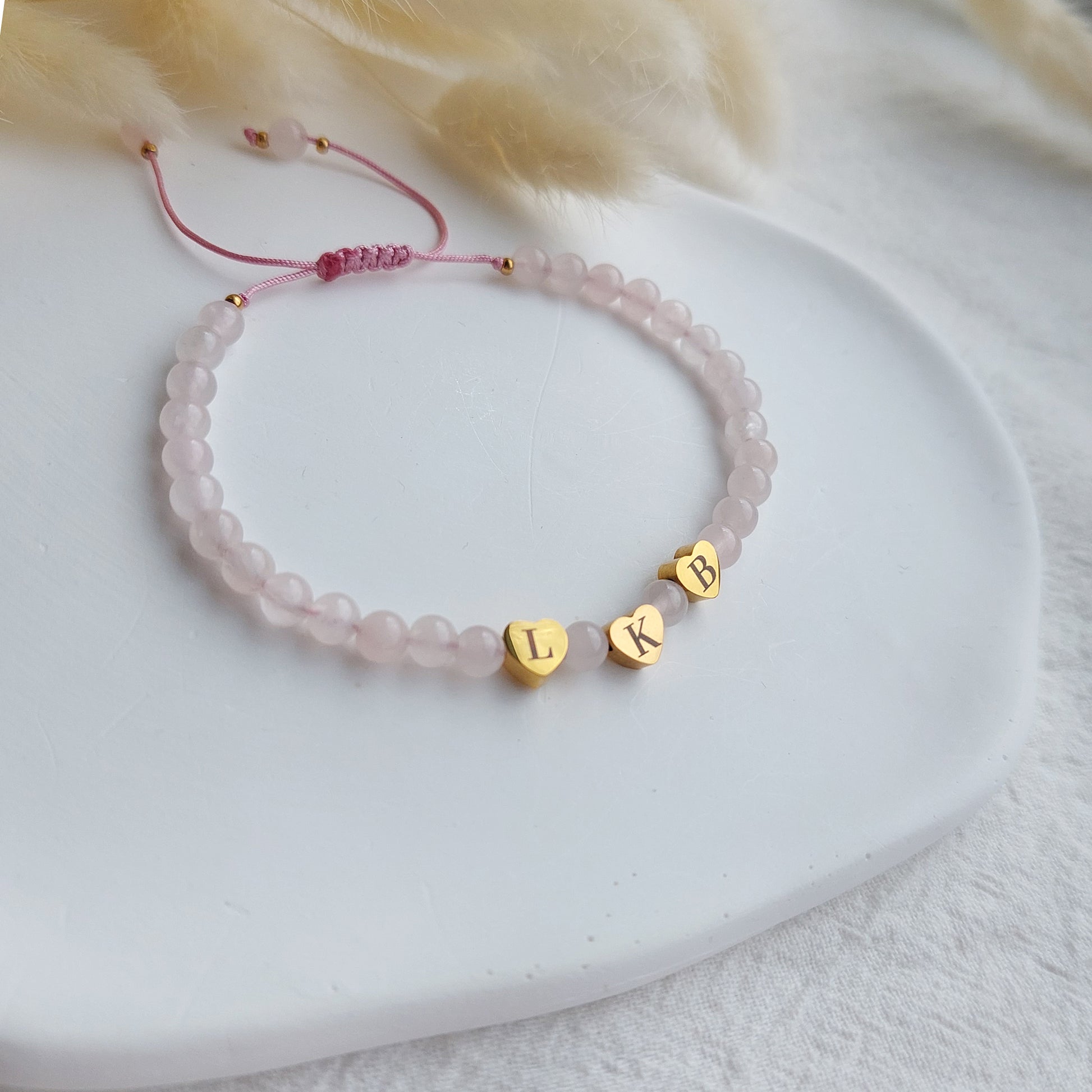 custom engraved rose quartz bracelet with initials, gift for mom or grandmother