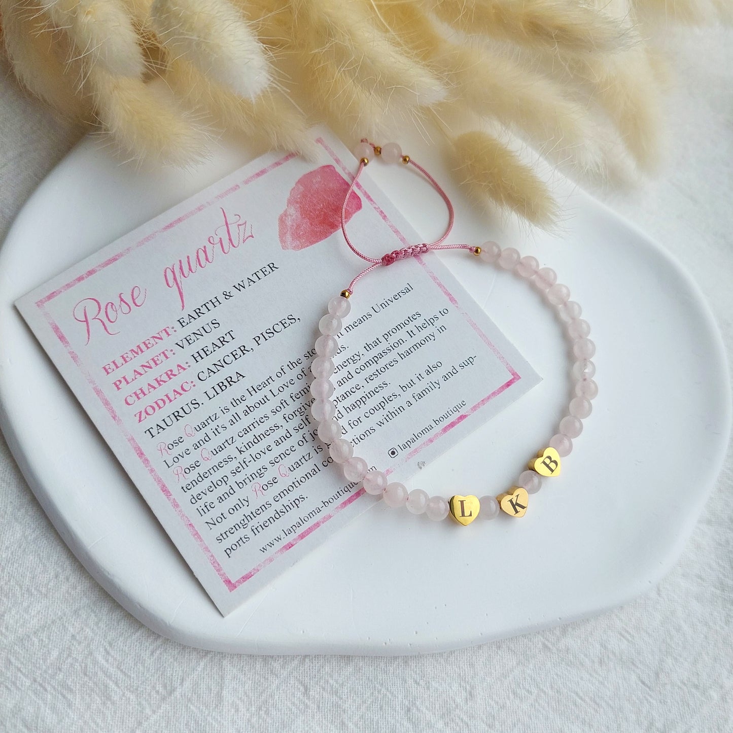 Personalized rose quartz bracelet, engraved initials