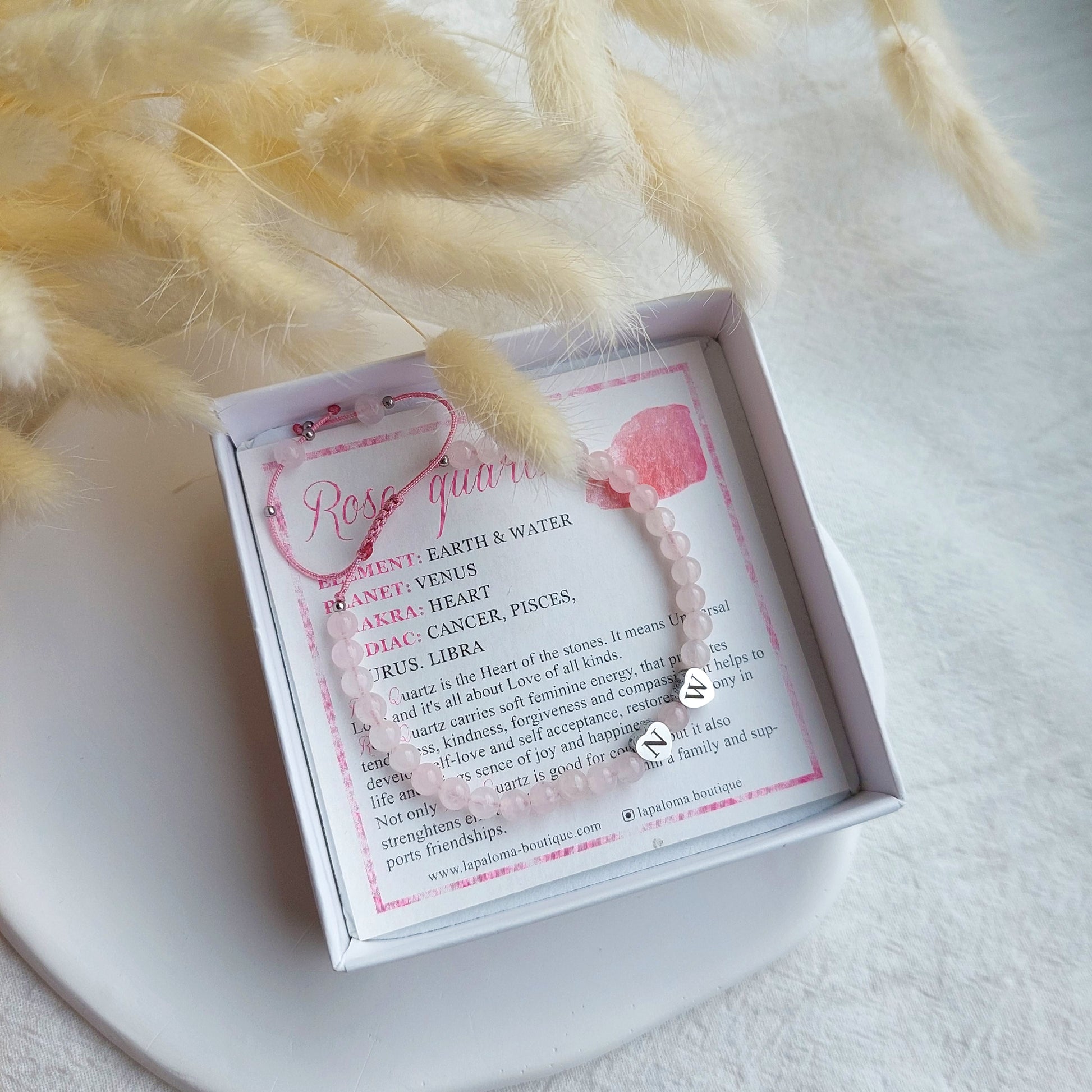 Adjustable rose quart bracelet with personalization