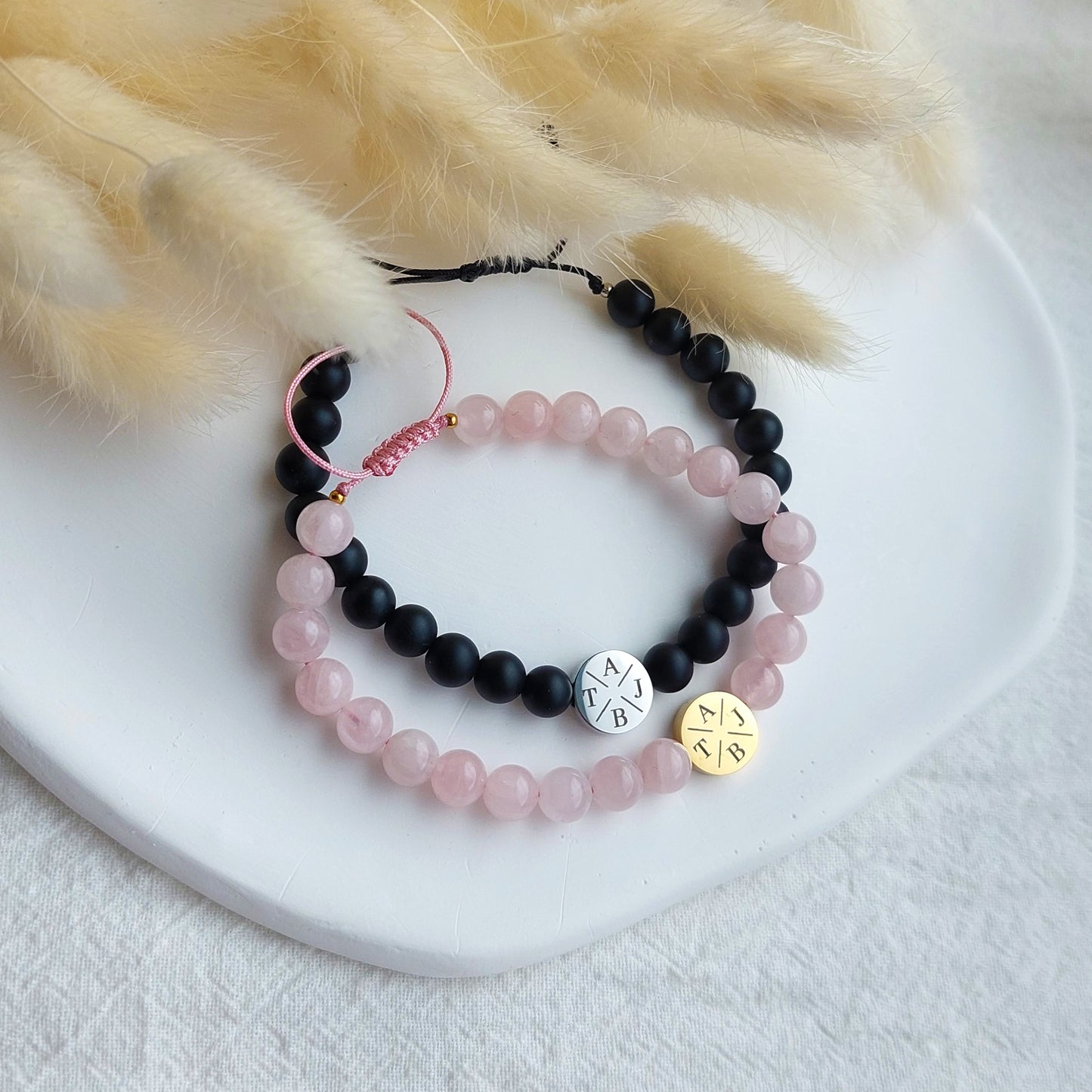 matching gemstone bracelets, custom engraved