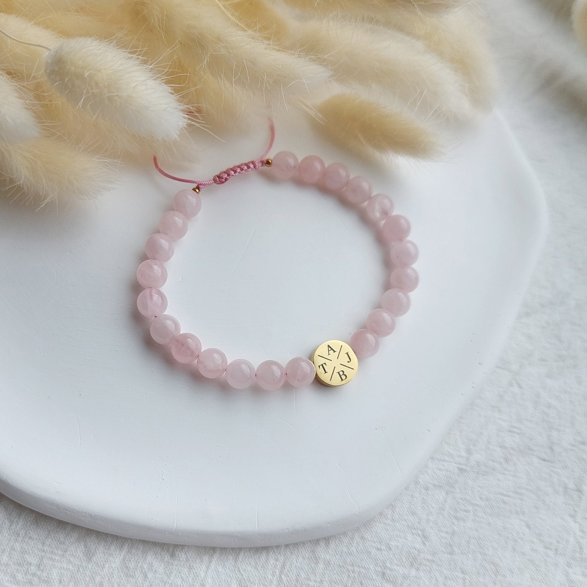 rose quartz bracelet, engraved with initials, gift for family
