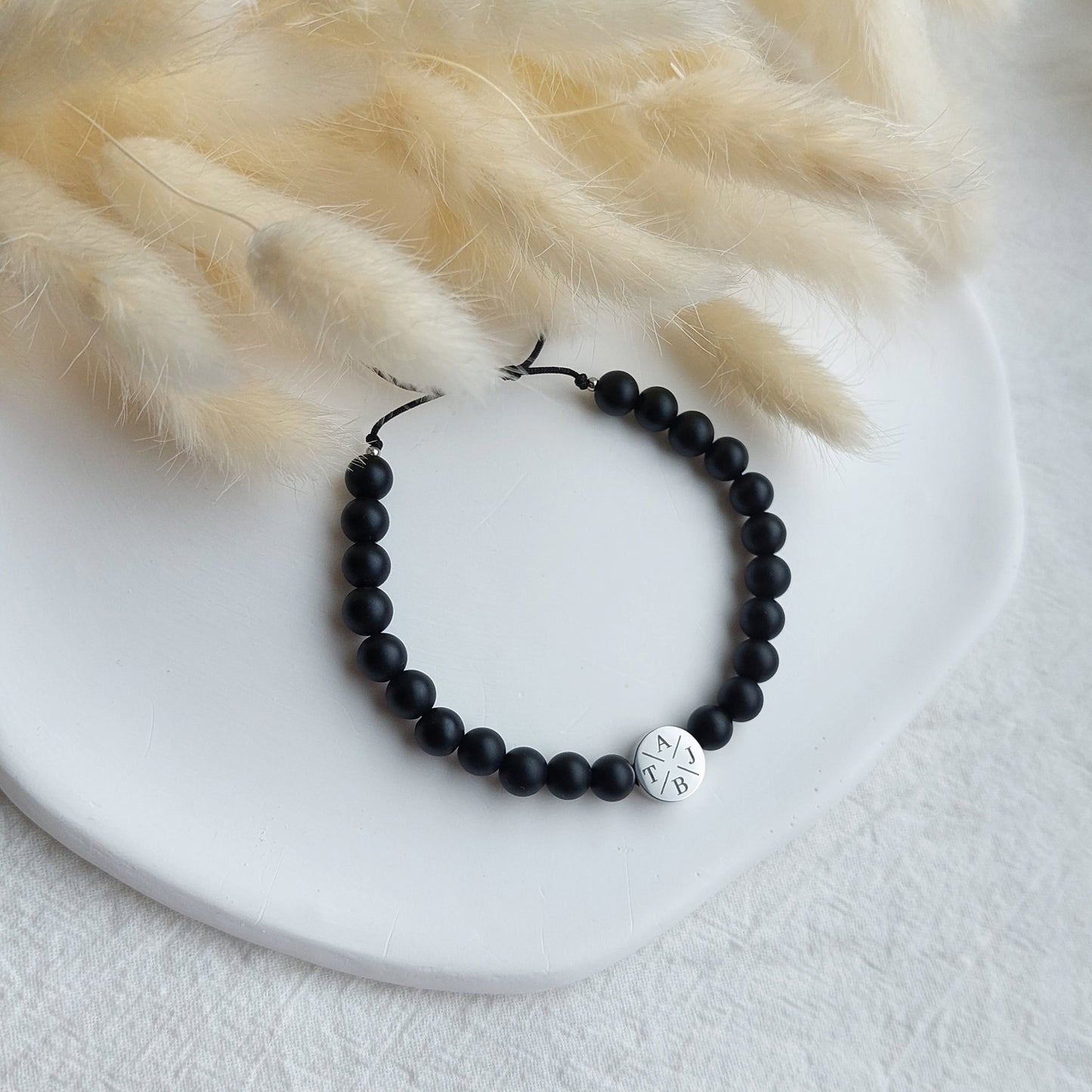 black agate bracelet, personalized with family or kids initials