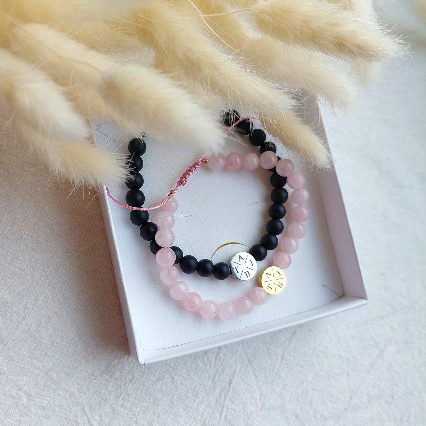 set of two personalized matching bracelets for parents, natural gemstone bracelet