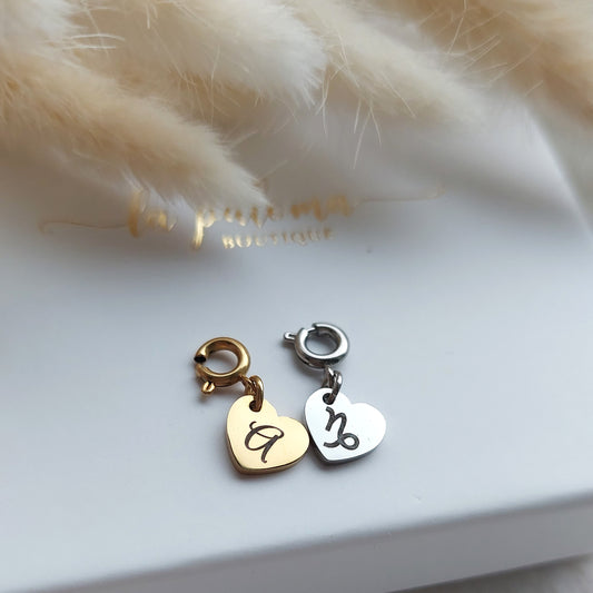 small engraved heart charm, initial or zodiac sign charm