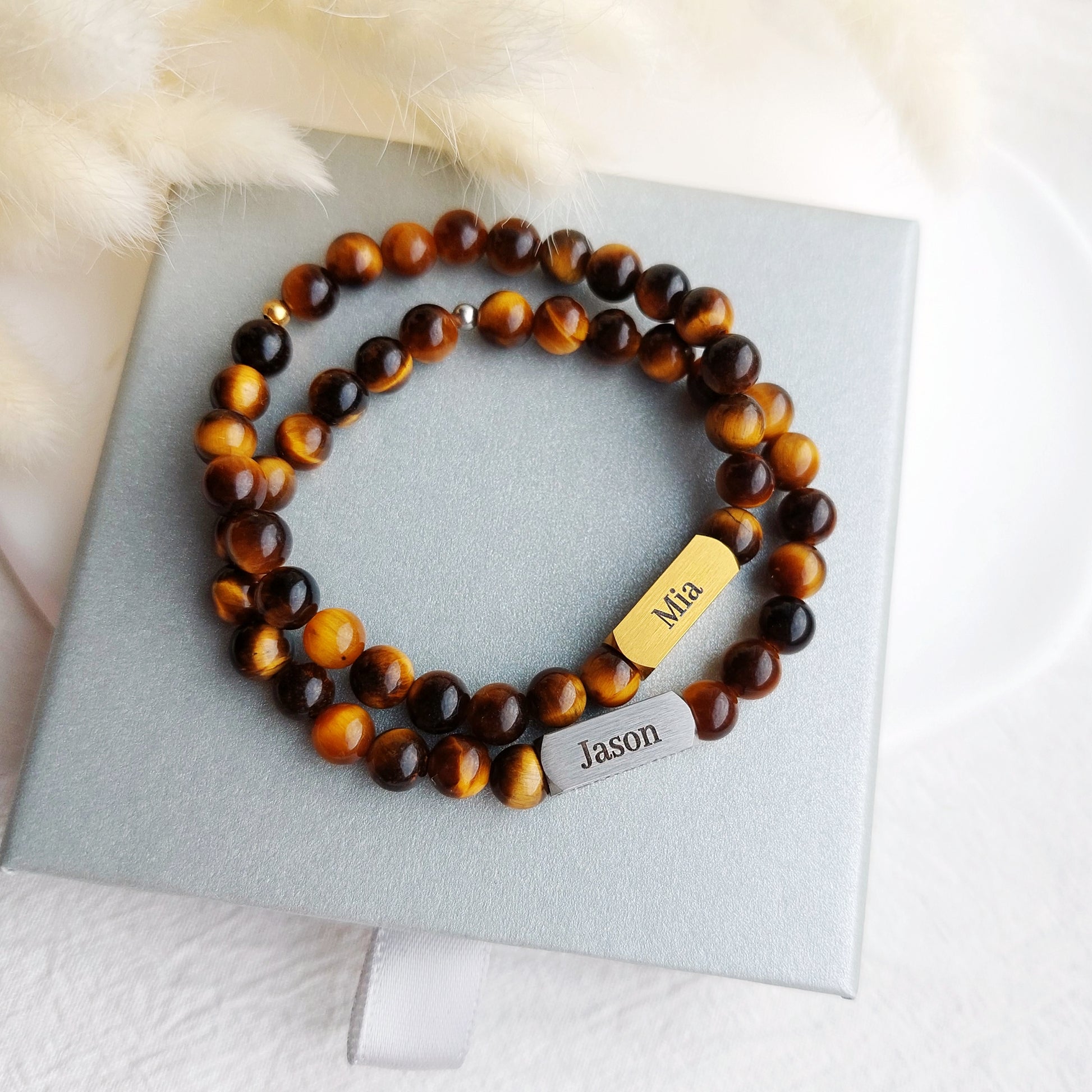 tigers eye mens bracelet with engraved family names