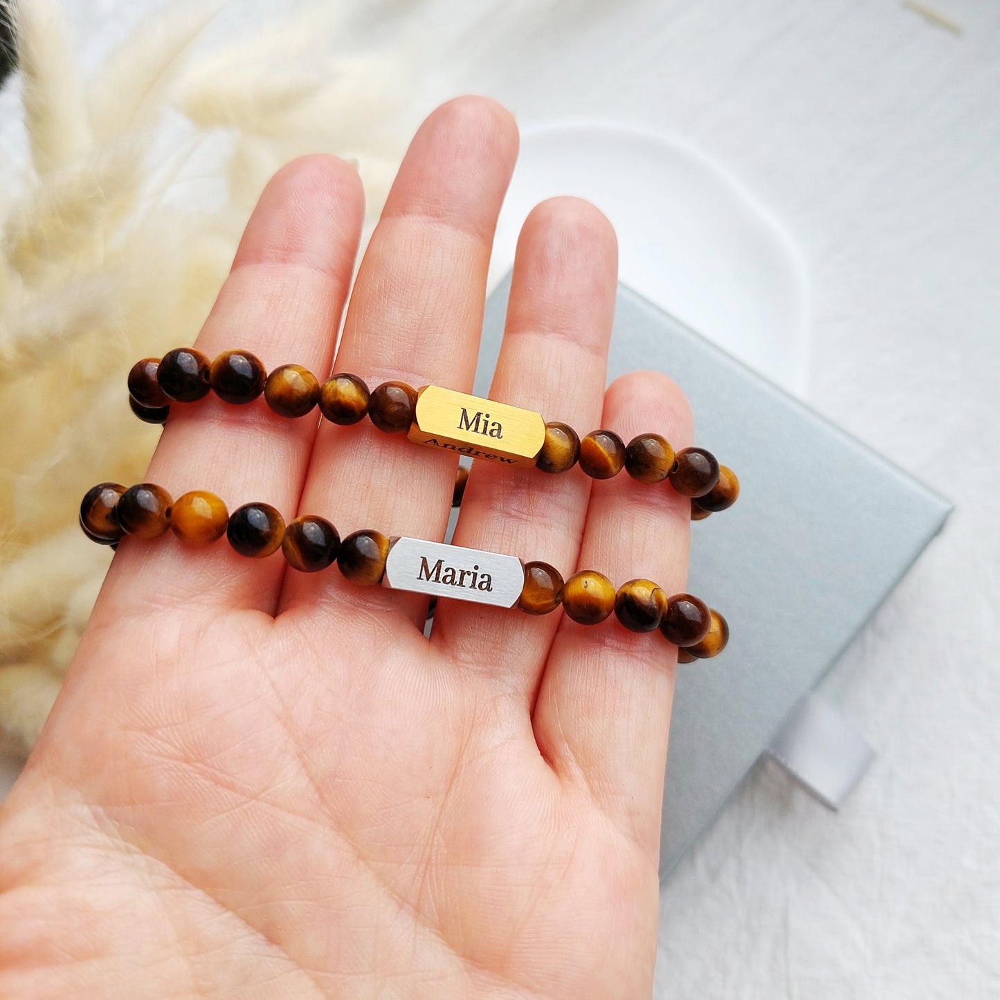 family names mens custom bracelet, stretch cord gemstone bracelet