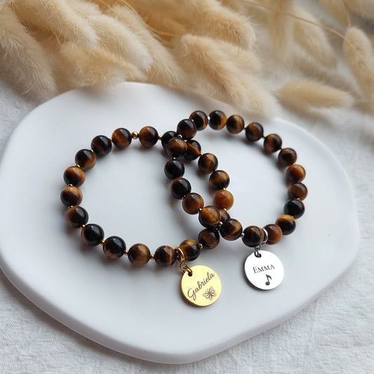 natural tigers eye bracelet with custom engraved name charm,  bracelet with personalized detachable charm