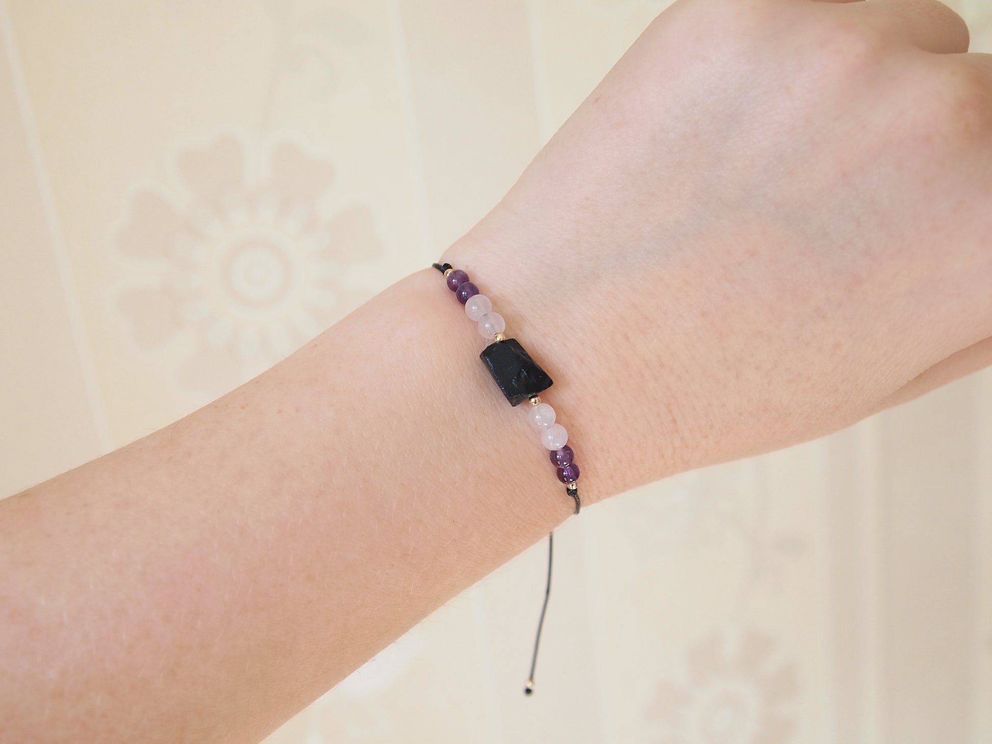minimalist amethyst rose quartz black tourmaline bracelet