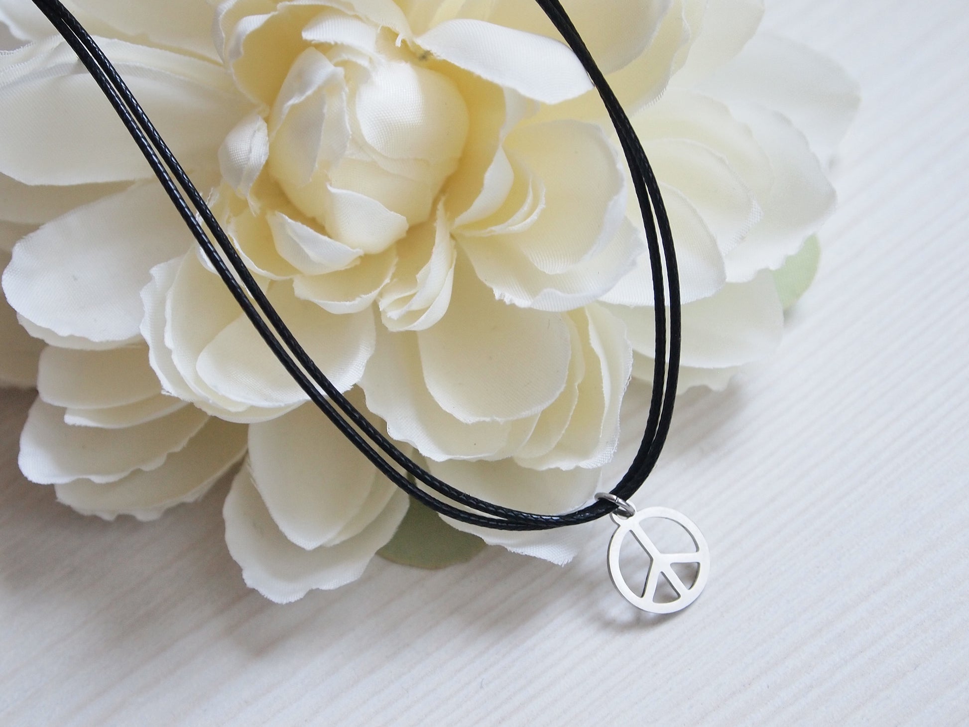 black cord necklace, peace sign jewelry