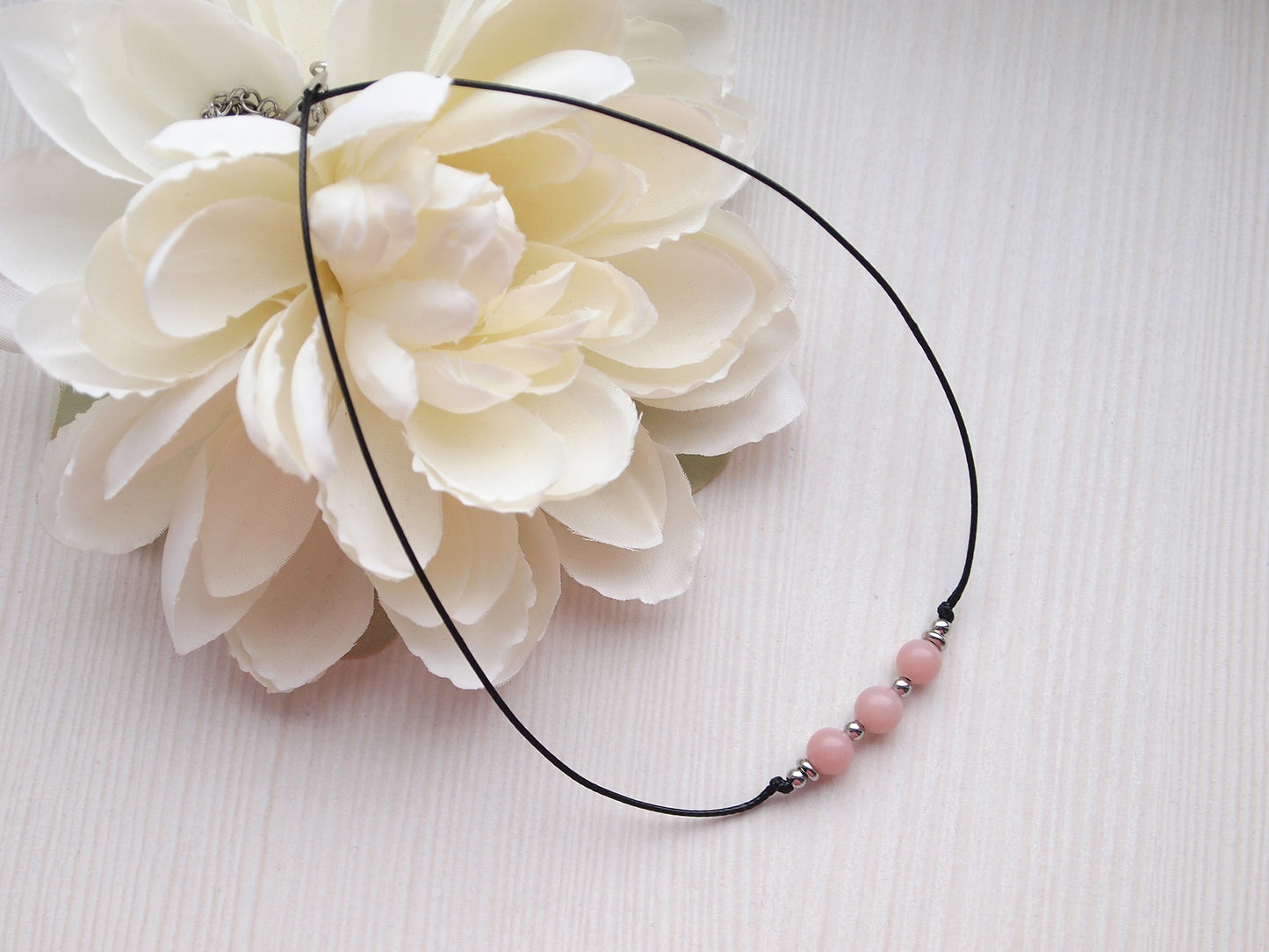 pink opal cord choker, beaded opal necklace