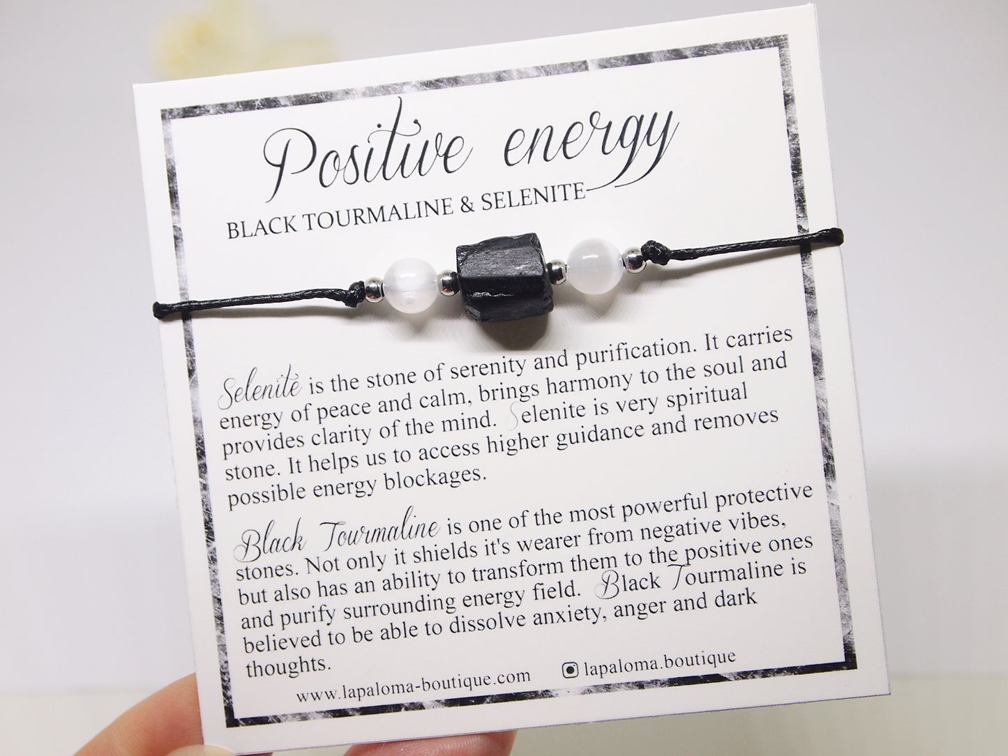 positive energy bracelet with black tourmaline and selenite