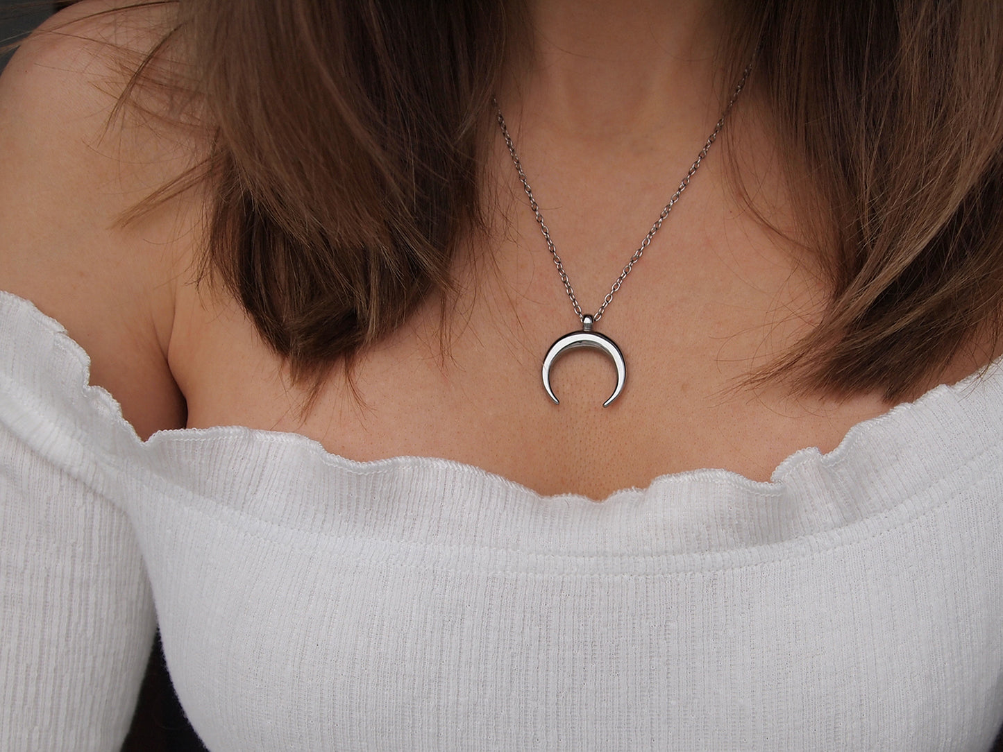 stainless steel crescent moon necklace, double horn necklace, celestial neckalce