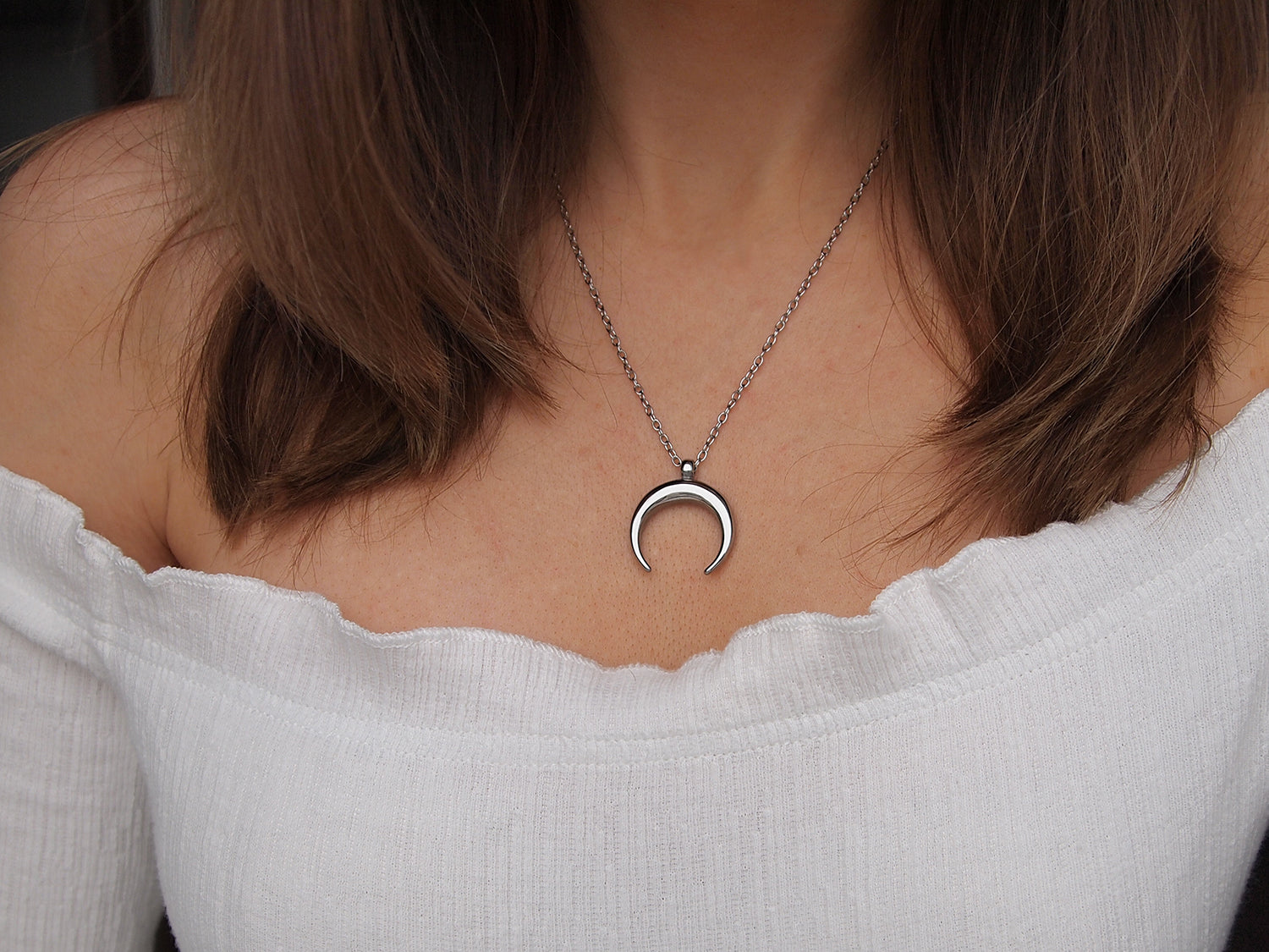 silver double horn necklace, crescent moon necklace
